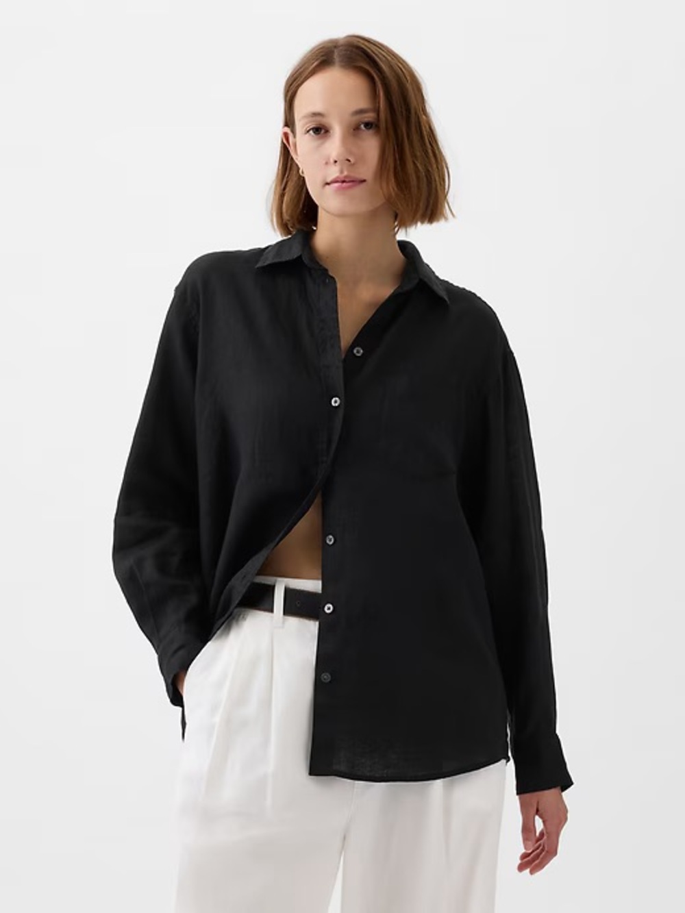 GAP 100% Linen Oversized Long Sleeve Shirt in Black XS